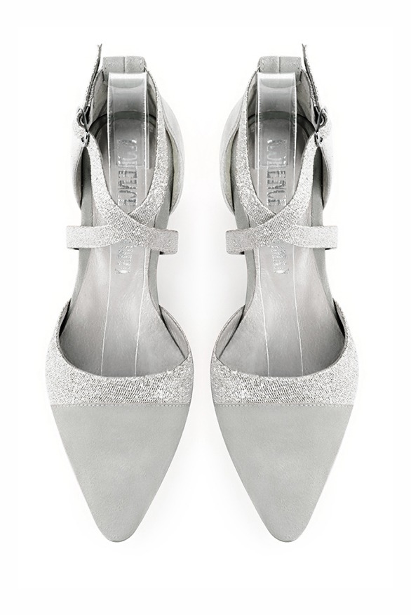 Pearl grey and light silver women's open side shoes, with crossed straps. Tapered toe. Low comma heels. Top view - Florence KOOIJMAN